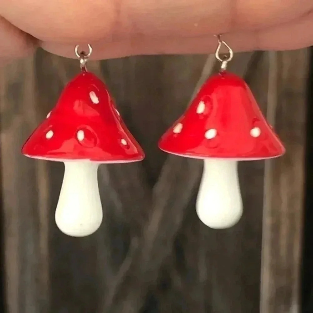Red & White Big Psychedelic Cartoon Mushroom Drop Earrings